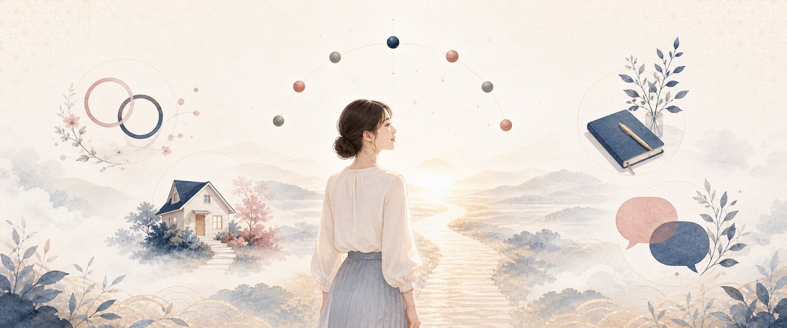 九つの星と、朝の道に立つ女性のイラスト